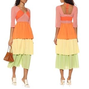 NEW NWT Rejina Pyo Cleo Tie-Back Tiered Crepe Ombre Mix Midi Dress
